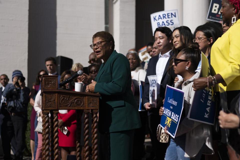 Los Angeles Mayor-elect Karen Bass speaks at a news conference in Los Angeles, Thursday, Nov. 17, 2022. (AP Photo/Jae C. Hong)