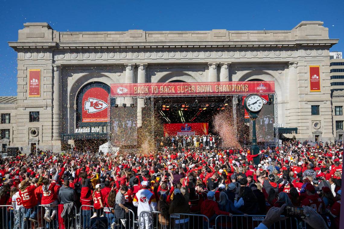 Kansas City Chiefs celebrated their Super Bowl LVIII championship at a rally on Wednesday, Feb. 14, 2024, at Union Station in Kansas City. Tammy Ljungblad/tljungblad@kcstar.com