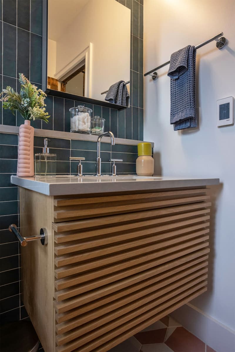 Vanity in renovated bathroom.