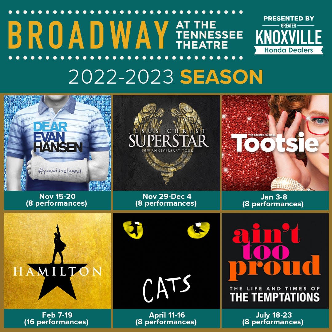 The Tennessee Theatre announced its 2022-23 season of Broadway shows. Along with “Hamilton,” "Dear Evan Hansen," and "Ain't Too Proud," six Broadway shows in total will take the Tennessee stage for 56 performances this season.