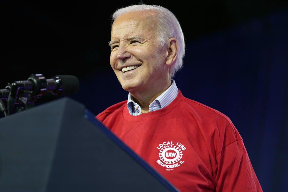 President Joe Biden speaks to United Auto Workers at the Community Building Complex of Boone County, Thursday, Nov. 9, 2023, in Belvidere, Ill. (AP Photo/Evan Vucci)