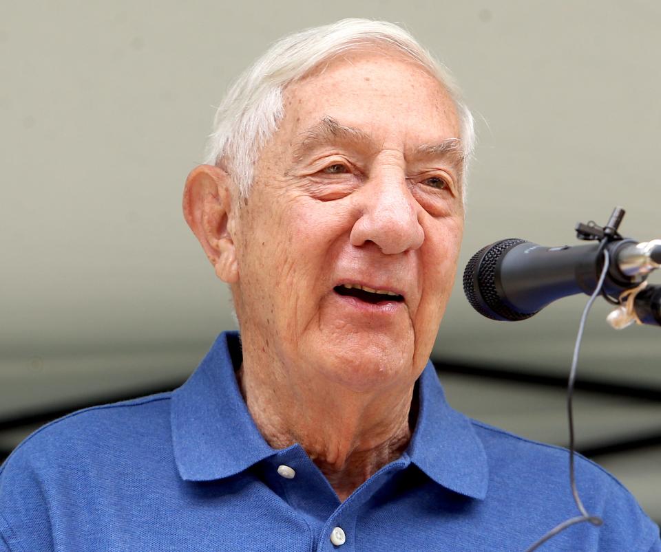 Lowell Grissom, brother of astronaut Virgil I. "Gus" Grissom, discusses his brother's legacy during his remarks Wednesday at the 50th anniversary of the Grissom Memorial at Spring Mill State Park.