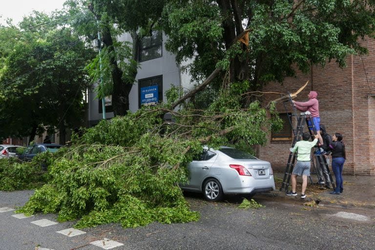 Vecinos intentan sacar ramas de un árbol que cayeron sobre un auto en la esquina de Díaz Colodrero y Manuela Pedraza, en Villa Urquiza