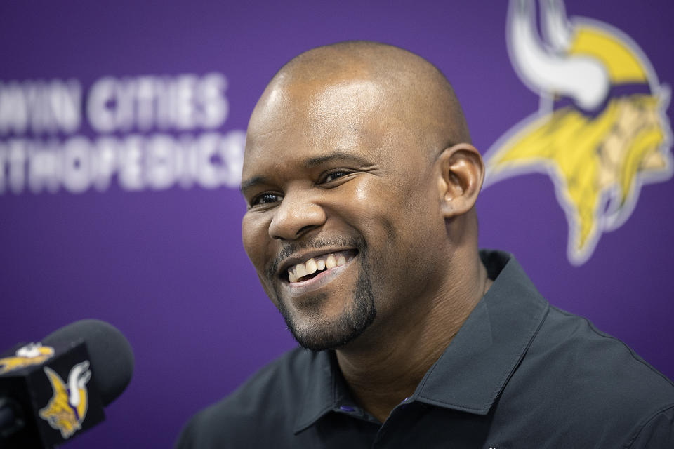 FILE - Minnesota Vikings new defensive coordinator Brian Flores is introduced during an NFL football news conference, Wednesday, Fe. 15, 2023, in Eagan, Minn. Flores unfurls a faster and more aggressive scheme after a dismal 2022 for the defense.(Elizabeth Flores/Star Tribune via AP, File)