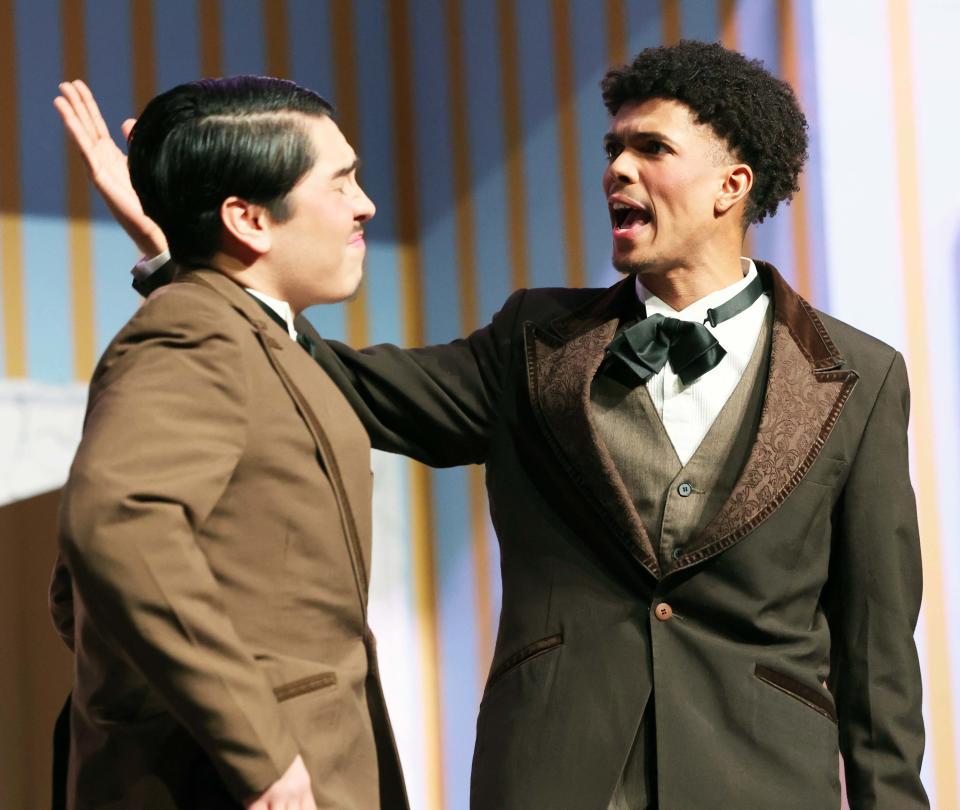 From left, Haziel Suchite as Charley and Steven Nascimento as Jack, during Brockton High School Drama Club's dress rehearsal of "Charley's" Aunt on Thursday, Feb. 29, 2024. The Brockton players will compete in the finals this weekend.