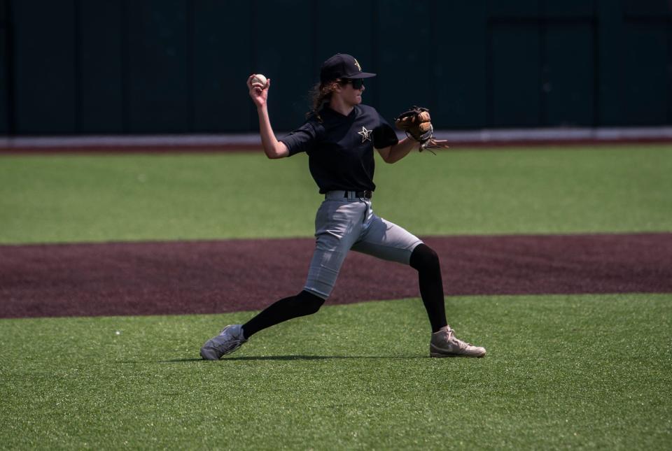 Stella Weaver throws the ball back to her teammates during practice for the Nolensville Little League team at Hawkins Field at Vanderbilt in Nashville , Tenn., Monday,, July 17, 2023.