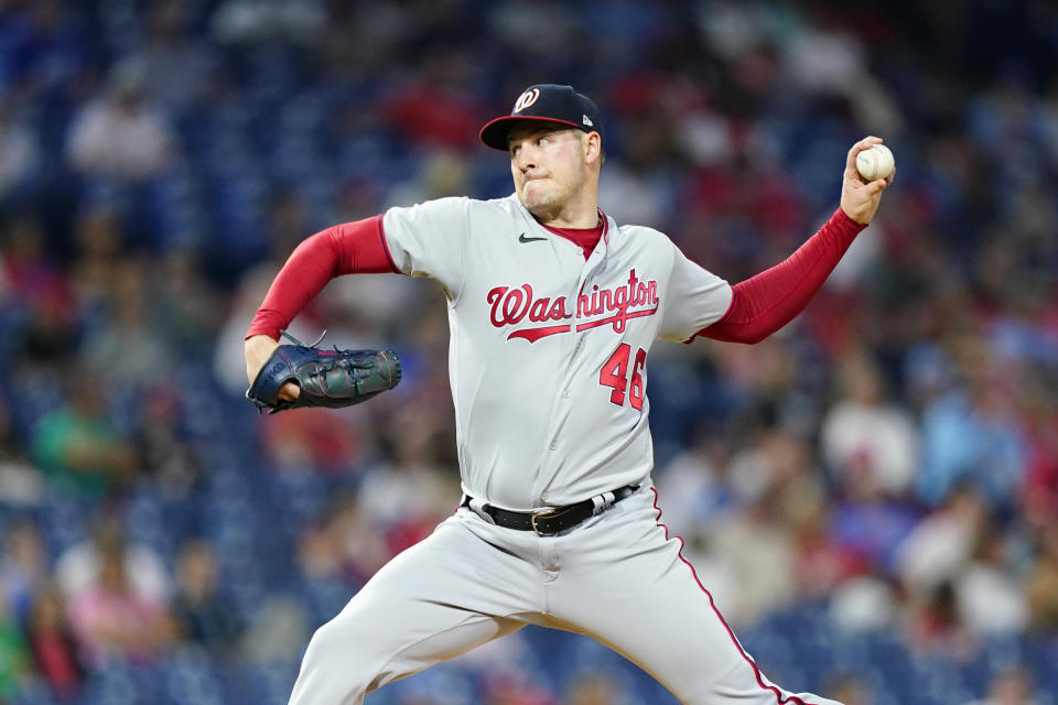 Washington Nationals' Patrick Corbin pitches during the second inning of a baseball game against the Philadelphia Phillies, Friday, Sept. 9, 2022, in Philadelphia. (AP Photo/Matt Slocum)