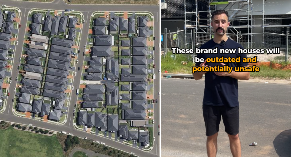 Left - an aerial view of a housing estate in Western Sydney. Right - Samuel Austin in Western Sydney.