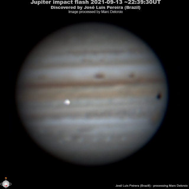 Astrophotographer José Luis Pereira of São Paulo, Brazil took this photo - and video - of an explosion as an object, likely a giant rock, hit Jupiter's atmosphere on Monday night (Sept. 13, 2021).