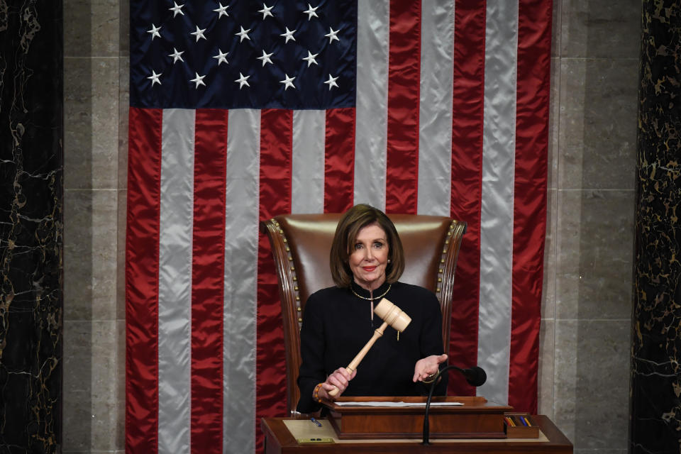WASHINGTON, DC - DECEMBER 18:  Speaker of the House Nancy Pelosi (D-CA) oversees a vote on the second articles of impeachment against President Donald Trump in the House of Representatives at the United States Capitol on Wednesday December 18, 2019 in Washington, DC.(Photo by Matt McClain/The Washington Post via Getty Images)