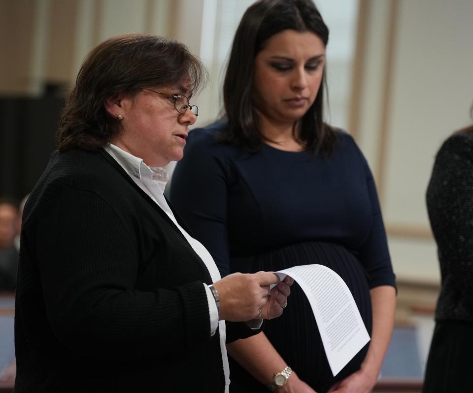 Tracy Monge, great aunt of the victim addresses the court with Morris County Assistant Prosecutor Tara Wang during the sentencing of Edwin Urbina for the murder of a three year old boy in 2021 was held in the Morris County Courthouse in Morristown, NJ on March 16, 2023.