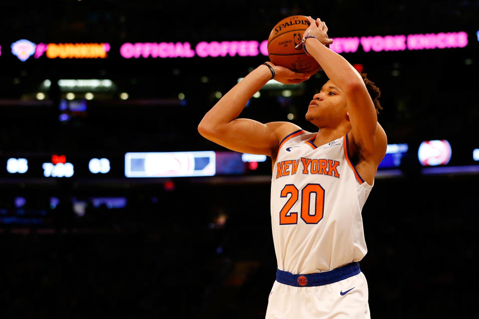 New York Knicks rookie Kevin Knox was helped off the court on Saturday after suffering an ankle injury early against the Boston Celtics. He will not return. (Getty Images)