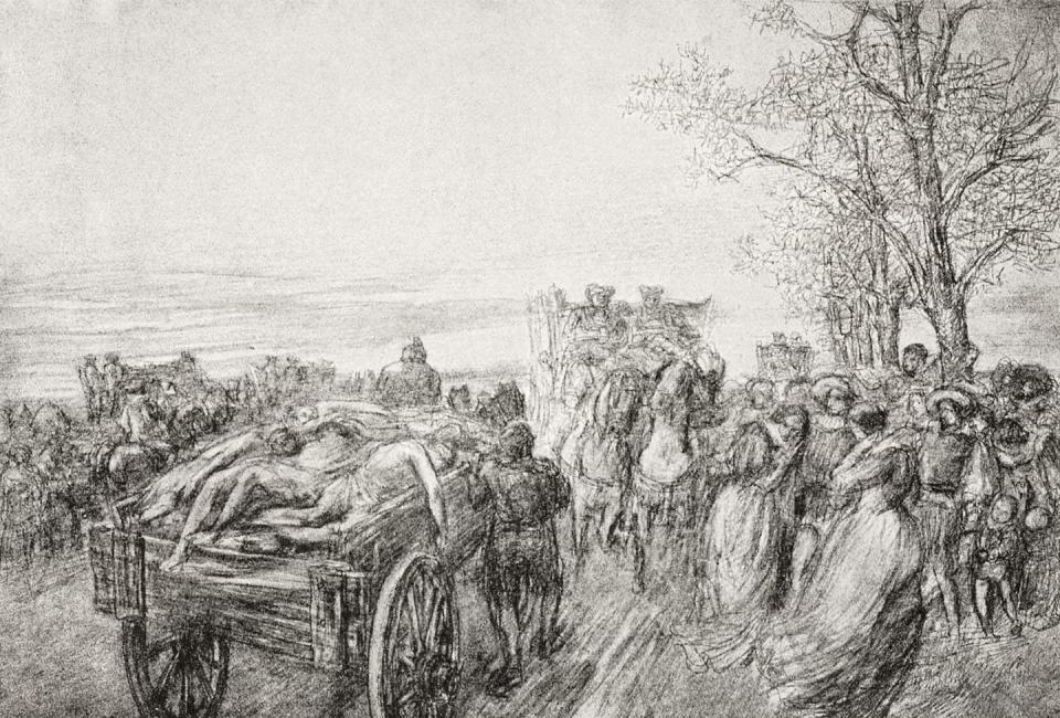 <span class="caption">Plague in Milan in the 17th century.</span> <span class="attribution"><a class="link " href="https://www.gettyimages.com/detail/news-photo/milans-population-believe-the-plague-after-seeing-a-cart-news-photo/935440004?adppopup=true" rel="nofollow noopener" target="_blank" data-ylk="slk:DEA / BIBLIOTECA AMBROSIANA / Contributor/ Collection: De Agostini;elm:context_link;itc:0;sec:content-canvas">DEA / BIBLIOTECA AMBROSIANA / Contributor/ Collection: De Agostini</a></span>