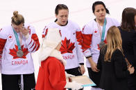 <p>Jocelyne Larocque #3 of Canada refuses to wear her silver medal after losing to the United States in the Women’s Gold Medal Game on day thirteen of the PyeongChang 2018 Winter Olympic Games at Gangneung Hockey Centre on February 22, 2018 in Gangneung, South Korea. (Photo by Harry How/Getty Images) </p>