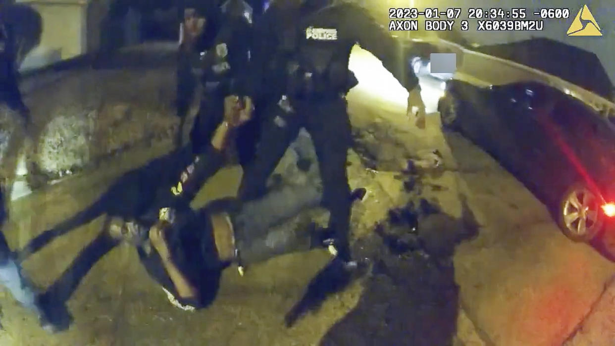 The image from video released on Jan. 27, 2023, by the City of Memphis, shows Tyre Nichols during a brutal attack by five Memphis police officers on Jan. 7, 2023, in Memphis, Tenn. Nichols died on Jan. 10. The five officers have since been fired and charged with second-degree murder and other offenses. (City of Memphis via AP)