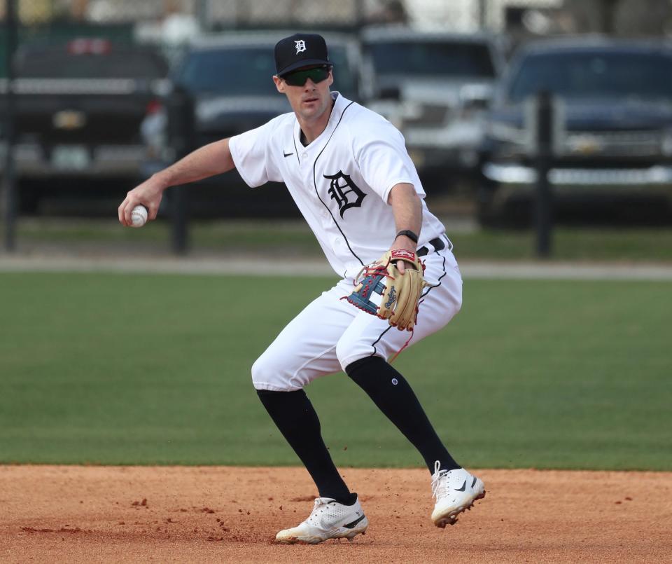 Detroit Tigers infield prospect Ryan Kreidler goes through infield drills during spring training Minor League minicamp Tuesday, Feb.22, 2022 at Tiger Town in Lakeland.