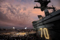 SAN DIEGO, CA - NOVEMBER 11: A general view as the Michigan State Spartans take on the North Carolina Tar Heels in the first half during the NCAA men's college basketball Carrier Classic aboard the flight deck of the USS Carl Vinson on November 11, 2011 in San Diego, California. (Photo by Harry How/Getty Images)