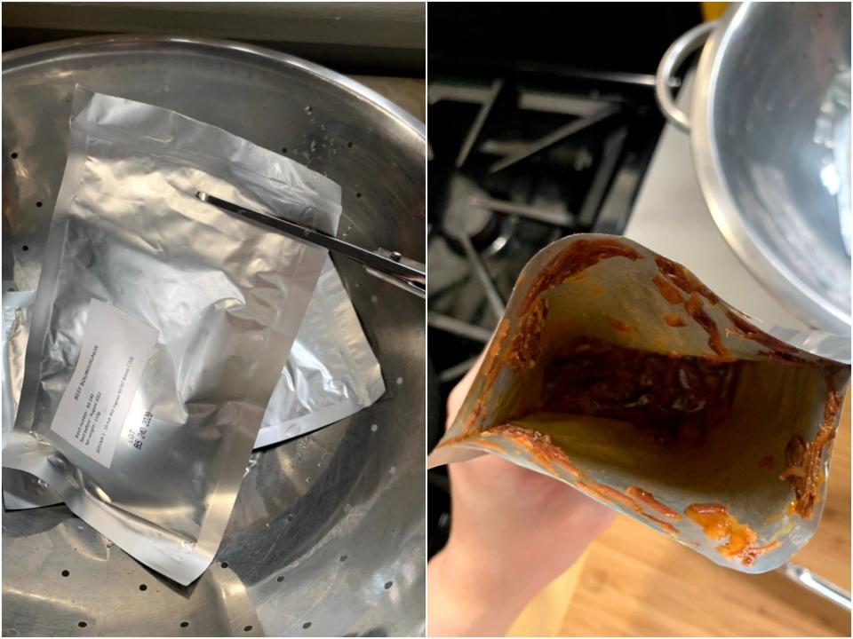 cutting open foil pack side by side image looking at food inside foil pack