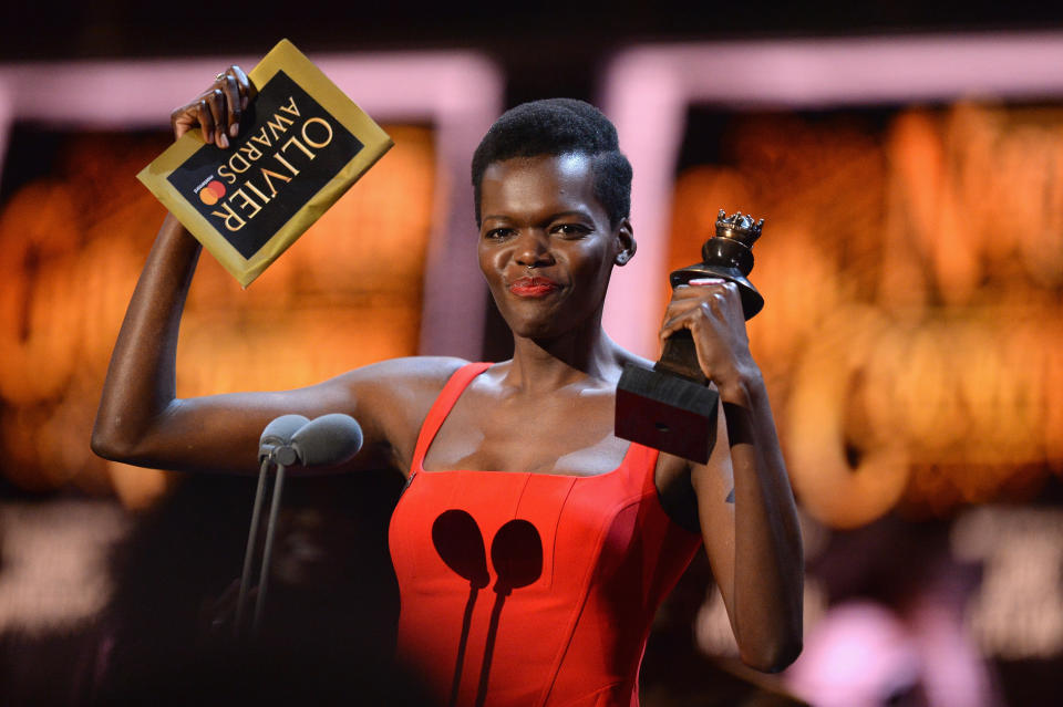 Sheila Atim receives the award for Best Actress In A Supporting Role In A Musical for 'Girl From The North Country' on stage during The Olivier Awards with Mastercard at Royal Albert Hall on April 8, 2018 in London, England. | Jeff Spicer—Getty Images