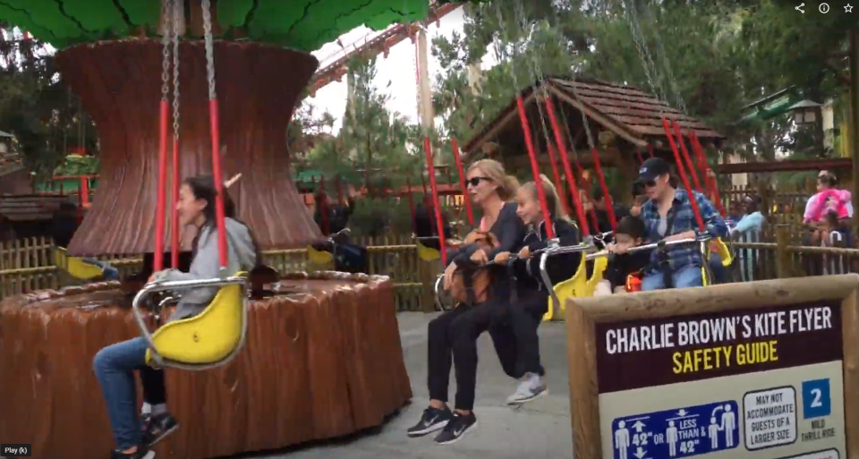 A sign posted at Charlie Brown's Kite Flyer at Knott's Berry Farm says the ride "may not accommodate guests of a larger size."