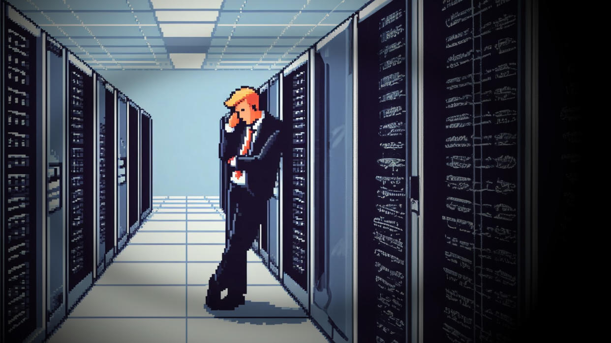  Dude leaning up against servers, pixel art. 