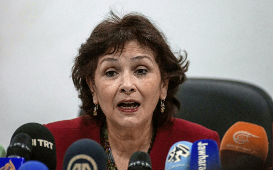 FILE - In this Monday Nov. 14, 2016 file photo, the president of the Truth and Dignity Commission, Sihem Bensedrine addresses the media during a press conference in Tunis. Since winning a parliamentary seat in 2019, Tunisian lawmaker Abir Moussi has become one of the country’s most popular, and most controversial, politicians, riding a wave of nostalgia for a more stable and prosperous time, just as Tunisia marks 10 years since protesters overthrew autocratic former President Zine El Abidine Ben Ali. Since 2011, Tunisia has been plagued by sinking wages, growing joblessness and worsening public services. Unemployment has risen amid the coronavirus pandemic from 15% to 18%. Attempts to migrate to Europe by sea have soared. (AP Photo/Ali Mhadhbi, File)