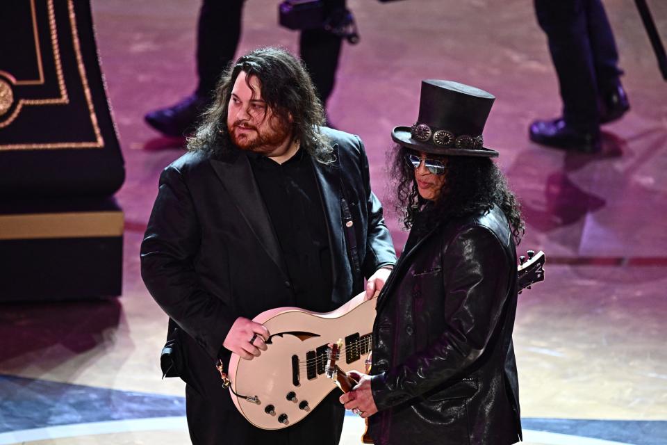 Wolfgang Van Halen (left) and Slash perform "I'm Just Ken" from "Barbie" during the 96th annual Academy Awards at the Dolby Theatre on March 10, 2024, in Hollywood, California.