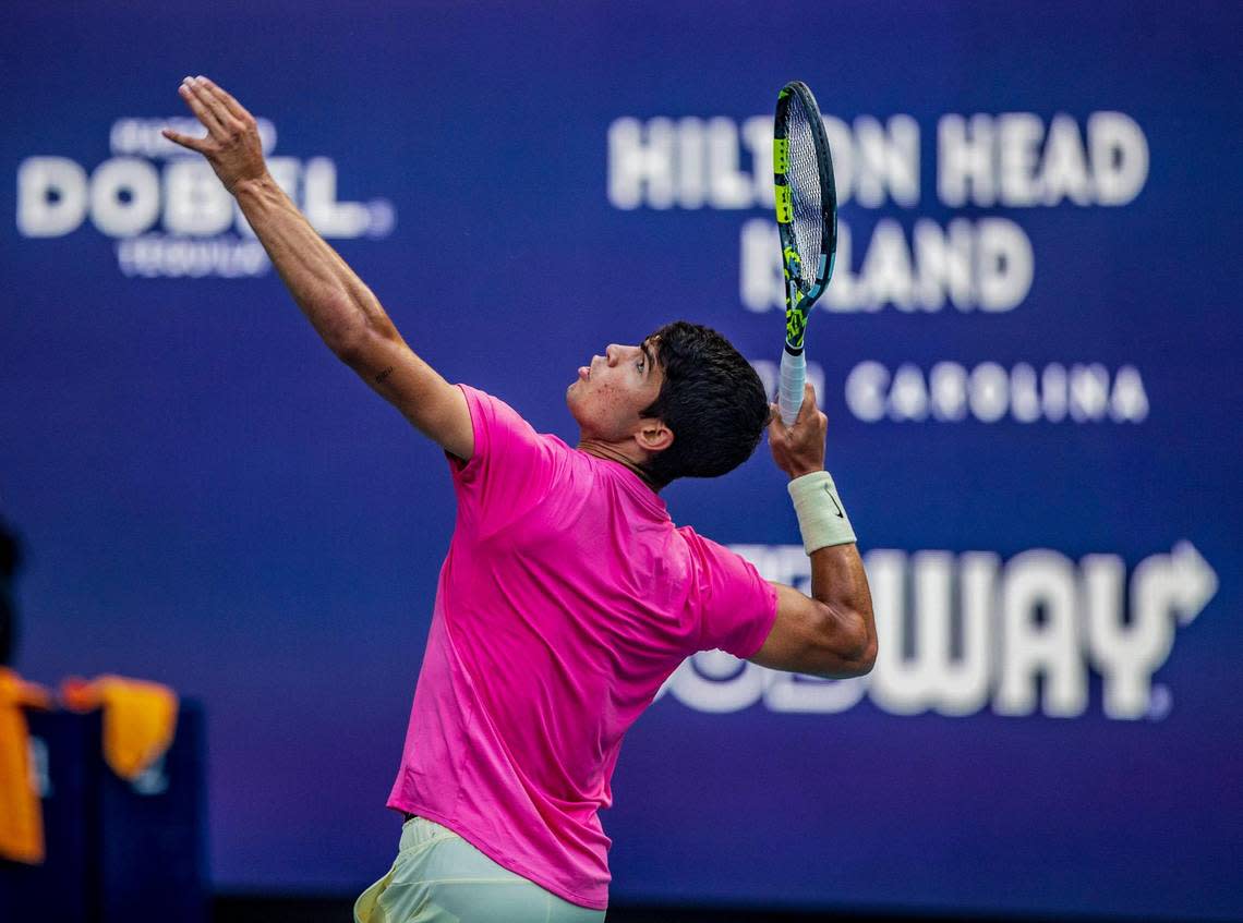 Carlos Alcaraz (SPA), world ranking No. 1, serves against Facundo Bagnis, (ARG), at the Miami Open tennis tournament at the Hard Rock Stadium in Miami Gardens, on Friday March 24, 2023.