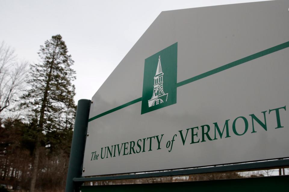 A sign on the University of Vermont campus in Burlington, Vt., is pictured on March 11, 2020. Police say three young men of Palestinian descent who were attending a Thanksgiving holiday gathering were shot and injured near the University of Vermont campus. Police are searching for the suspect after the three were shot late Saturday, Nov. 25, 2023, in Burlington.