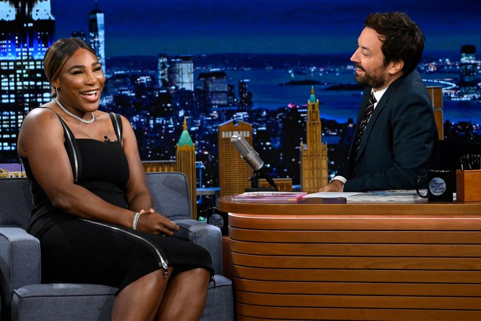 THE TONIGHT SHOW STARRING JIMMY FALLON -- Episode 1708 -- Pictured: (l-r) Tennis player Serena Williams during an interview with host Jimmy Fallon on Tuesday, September 13, 2022