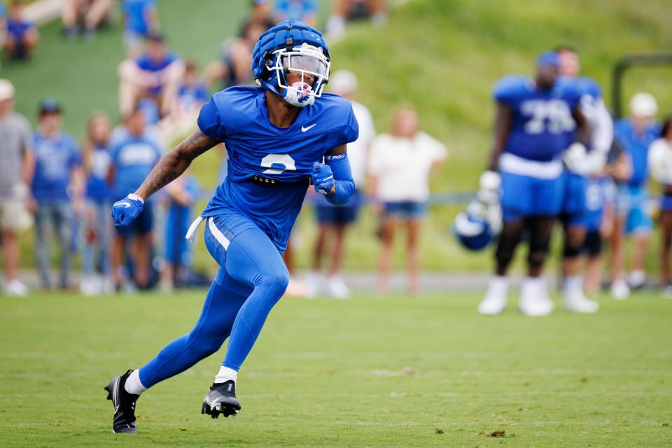 Kentucky wide receiver Barion Brown (2) runs a route during the Kentucky Football Fan Day open practice on Saturday, Aug. 6, 2022, at Joe Craft Football Training Center in Lexington, Kentucky.