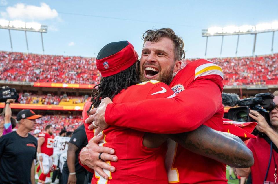 Kansas City Chiefs kicker Harrison Butker (7) embraces wide receiver Rashee Rice (4) after making the game-winning kick to secure a 26-25 victory over the Cincinnati Bengals on Sunday, Sept. 15, 2024, at GEHA Field at Arrowhead Stadium.