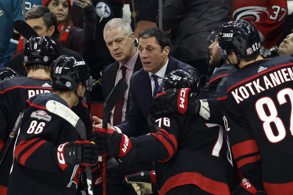 FILE - Carolina Hurricanes head coach Rod Brind'Amour speaks to his team during a timeout in the third period of an NHL hockey game against the San Jose Sharks, in Raleigh, N.C., Friday, Jan. 27, 2023. Brind'Amor has turned Carolina into a regular among the league's elite with its relentless on-ice style, along with making the Hurricanes the betting favorite to win the Cup on the eve of this year's playoffs. (AP Photo/Karl B DeBlaker, File)