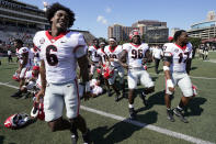 Georgia players leave the field after a win over Vanderbilt in an NCAA college football game Saturday, Sept. 25, 2021, in Nashville, Tenn. Georgia won 62-0. (AP Photo/Mark Humphrey)