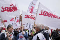 Polish farmers and other protesters gather in downtown Warsaw to protest the European Union's climate policies and Poland's pro-EU government, in Warsaw, Poland, Friday, May 10, 2024. (AP Photo/Czarek Sokolowski)