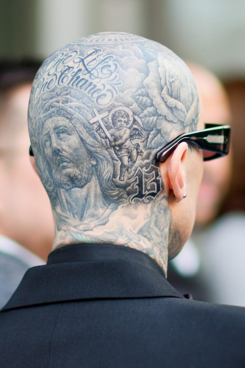 Travis Barker arriving at the 75th Primetime Emmy Awards.