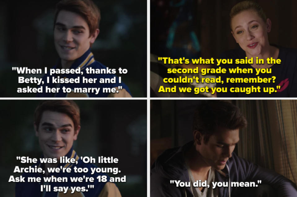 Archie tells Veronica the story of him kissing Betty and asking her to marry him in Season 1, Archie and Betty talk about how she tutored him in Season 3