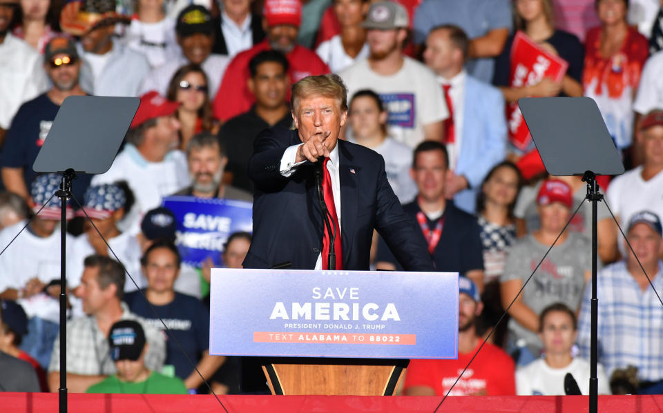 CULLMAN, USA - AUGUST 21: Donald J. Trump delivers remarks at a major rally hosted by the Alabama Republican Party and in conjunction with the Alabama Republican Party&#39;s Summer Meeting to support the MAGA agenda in Cullman, Alabama in Cullman, AL, United States on August 21, 2021. (Photo by Peter Zay/Anadolu Agency via Getty Images)