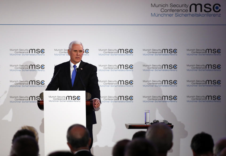 United States Vice President Mike Pence delivers his speech during the John McCain Dissertation Award Ceremony at the Bavarian State Parliament in Munich, Germany, Friday, Feb. 15, 2019. Pence arrived Thursday to attend the Munich Security Conference. (AP Photo/Matthias Schrader)