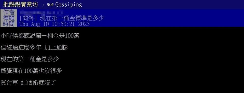 100萬不夠花！他問「第一桶金」通膨新標準　網給「這數字」理由曝光