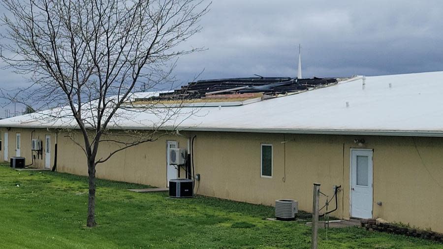 Community Bible Fellowship in Aledo suffered roof damage after storms on April 16, 2024. (Bryan Bobb, OurQuadCities.com)