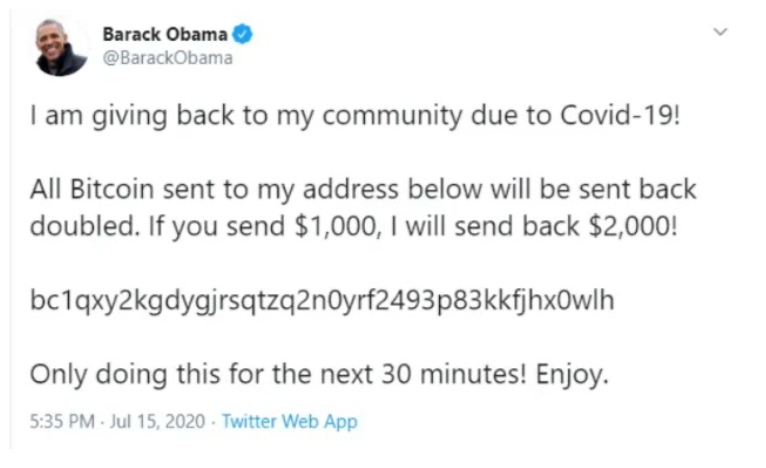 Unauthorized Tweet generated by hackers who infiltrated president Barack Obama&#39;s and other account holders&#39; Twitter handles.