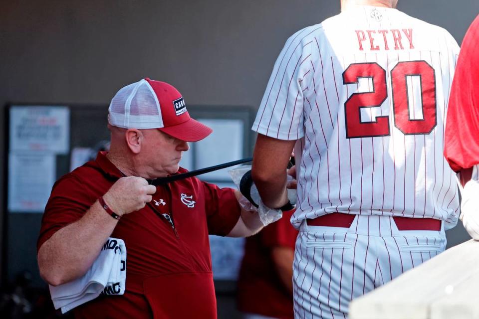 South Carolina trainer Cory Barton works on the hand of Ethan Petry (20) after he is struck by a pitch during an NCAA college regional baseball game against James Madison in Raleigh, N.C., Friday, May 31, 2024.