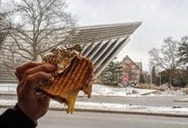 One of the interpretations of the Eli and Edythe Broad Art Museum's unique shapes is this image by Becky Nahom of a grilled cheese sandwich with grill marks lining up to the corrugated stainless steel.