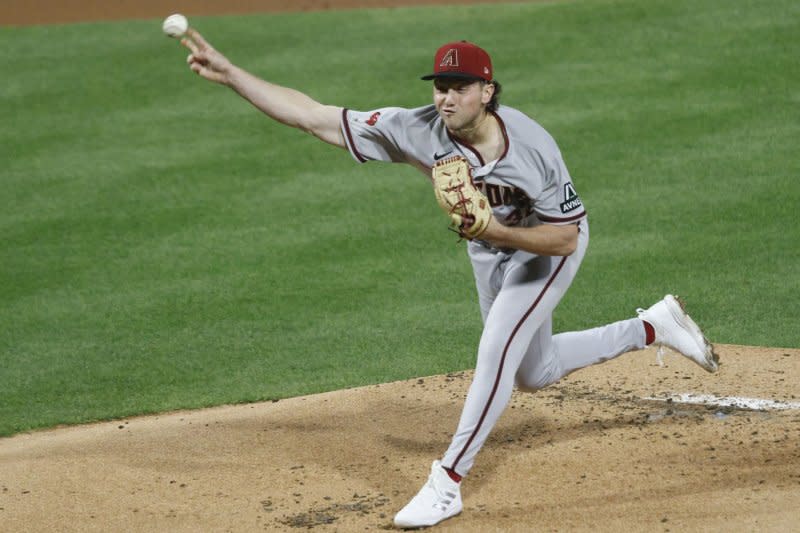 Arizona Diamondbacks starting pitcher Brandon Pfaadt throws in the first inning against the Philadelphia Phillies in Game 7 of the National League Championship Series on Tuesday at Citizens Bank Park in Philadelphia. Photo by Laurence Kesterson/UPI