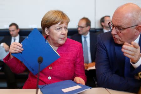 German Chancellor Angela Merkel talks to parliamentary group leader of the ruling CDU/CSU faction Volker Kauder during a fraction meeting in Berlin, Germany, June 26, 2018. REUTERS/Hannibal Hanschke