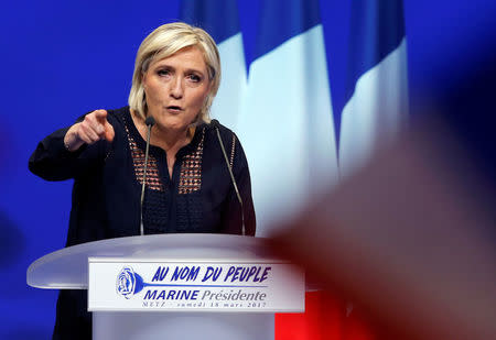 Marine Le Pen, French National Front (FN) political party leader and candidate for French 2017 presidential election, addresses supporters during a political rally in Metz, France, March 18, 2017. REUTERS/Vincent Kessler