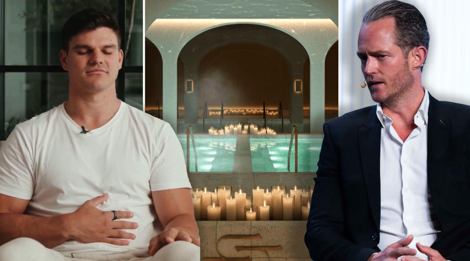 Breath work guru sitting with his hand on his stomach with Tim Gurner on the right and a picture of a candlelit spa in the middle. 