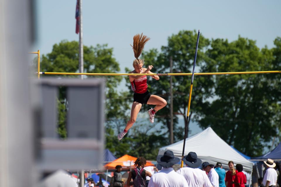 Bermudian Springs' Lily Carlson competes in the 2A pole vault at the PIAA Track and Field Championships at Shippensburg University Saturday, May 27, 2023. Carlson won with a mark of 12-0.
