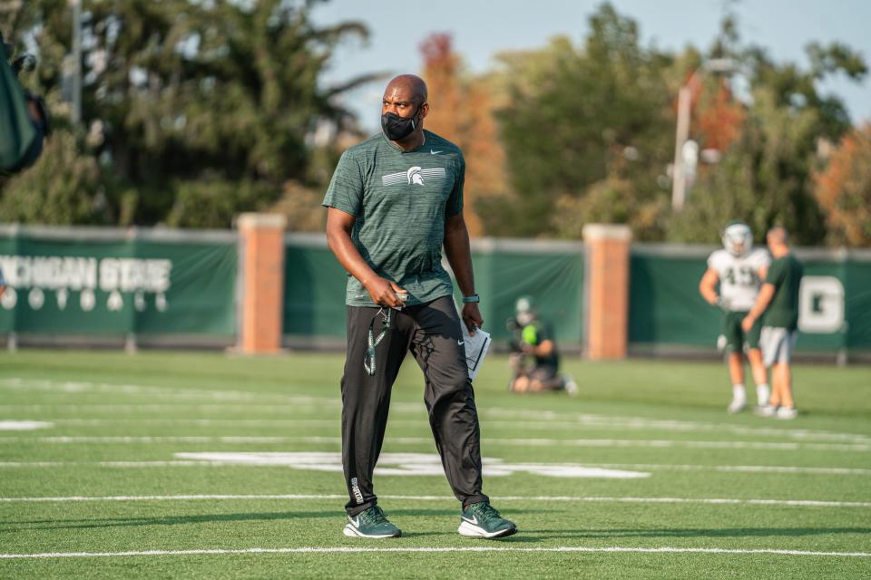 Michigan State coach Mel Tucker watches practice Monday, Sept. 21, 2020.